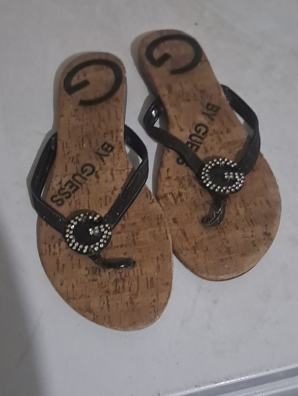 Guess Black Rhinestone Cork-Style Thong Sandals